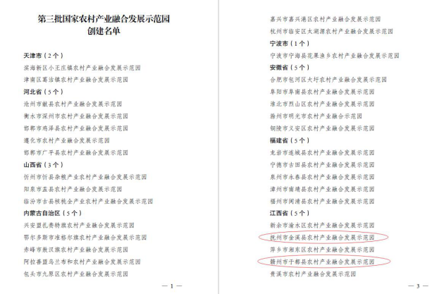 星空网页版编制的金溪县、于都县农村产业融合发展示范园成功入选“第三批国家农村产业融合发展示范园”创建名单