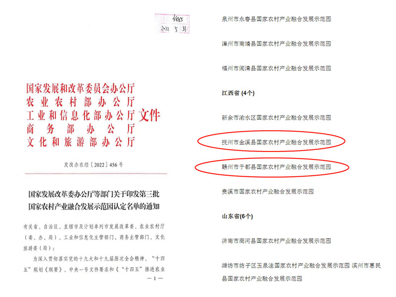 星空网页版辅导申报的金溪、于都成功纳入第三批国家农村 产业融合发展示范园认定名单
